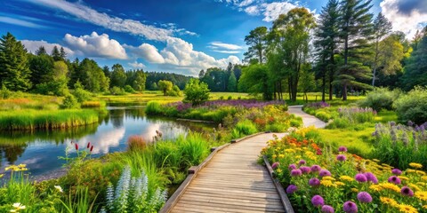 Fototapeta premium Picturesque Outdoor Setting Featuring Lush Greenery, Winding Trails, And Serene Wetlands, Surrounded By Towering Trees And Vibrant Wildflowers.