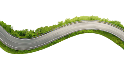 Asphalt road, with green grass edge, isolated on transparent background