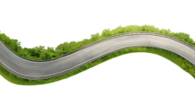Asphalt road, with green grass edge, isolated on transparent background