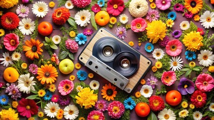 Retro cassette tape surrounded by flowers and vinyl records, evoking nostalgia for the iconic sounds and styles of the vibrant 1960s music scene.