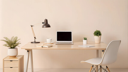 Modern home office setup for remote learning: a clean desk with a computer, open textbooks, a notepad, and a coffee mug. Include a comfortable chair, a desk lamp, and a potted plant