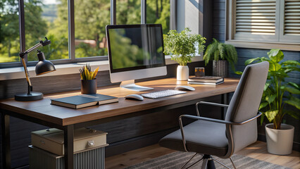 Modern home office setup for remote learning: a clean desk with a computer, open textbooks, a notepad, and a coffee mug. Include a comfortable chair, a desk lamp, and a potted plant
