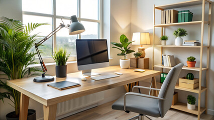 Modern home office setup for remote learning: a clean desk with a computer, open textbooks, a notepad, and a coffee mug. Include a comfortable chair, a desk lamp, and a potted plant
