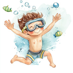 cute kid playing diving watercolor clipart
