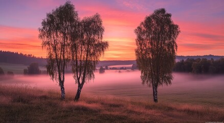 Obraz premium A breathtaking sunrise illuminates the sky, casting warm colors over a misty field bordered by graceful birch trees
