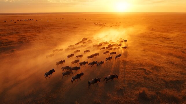 Migrating Wildebeest Herd Crossing the Expansive African Savanna in Warm Afternoon Light