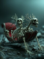 A creative and eerie scene featuring skeletons in a festive sleigh, blending holiday spirit with a spooky twist.