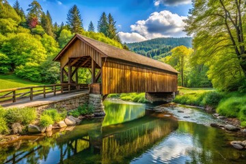 Obraz premium Rustic Wooden Covered Bridge Spanning A Scenic River Amidst Lush Greenery, Creating A Peaceful And Picturesque Landscape.