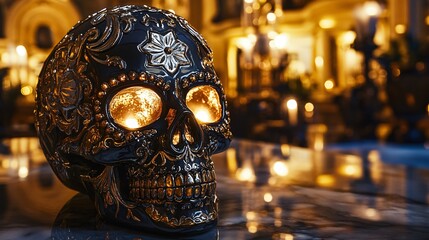 A metallic Sugar Skull with gold and silver detailing, resting on a marble surface with an opulent palace background glowing in candlelight