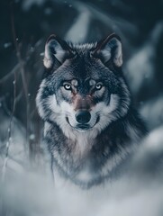 Fototapeta premium Piercing Gaze of the Grey Wolf in Snowy Wilderness
