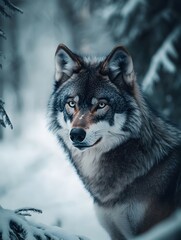 Fototapeta premium Majestic Gray Wolf Glaring Through Hazy Snowy Wilderness with Moody Atmospheric Lighting