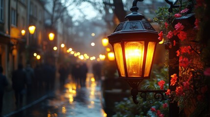 A warm glow from a street lamp illuminates a rainy cobblestone street in a European city.