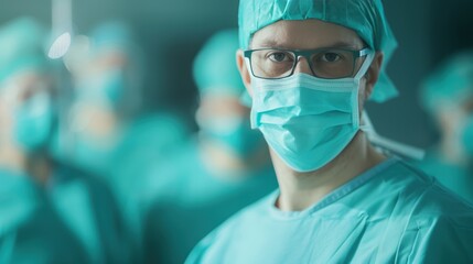 Surgeon with medical team in operating room wearing surgical masks and scrubs
