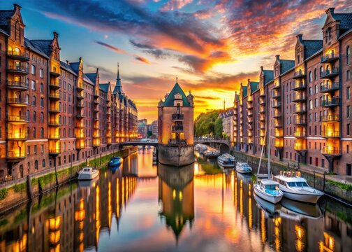 Scenic Hamburg Germany riverfront at sunset, featuring historic Speicherstadt warehouses, modern HafenCity architecture, and sailboats on the Elbe River's tranquil waters.