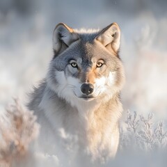 Obraz premium A majestic grey wolf emerges from a snow dusted landscape with an intense intelligent gaze