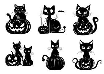 Funny clip art for Halloween. Composition, postcard, tattoo, for your design, black cat, pumpkin