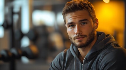 Fototapeta premium Slightly setting gym man man and the in wearing serious the gym. muscular his has there is a fitted on he is looking side a to hoodie background is in sitting gray a expression zip-up the face a