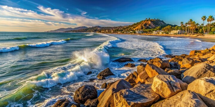 Scenic Vista Of Doheny Beach'S Rocky Outcropping, Crashing Waves, And Distant Coastline Under A Blue Sky