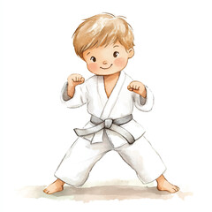 cute kid playing karate watercolor clipart