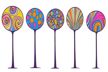 Abstract Colorful Trees with Swirls, Dots, and Stripes