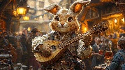 male rabbit beastfolk musician playing lute in a vibrant tavern with festive lights and crowd gathered around for celebration