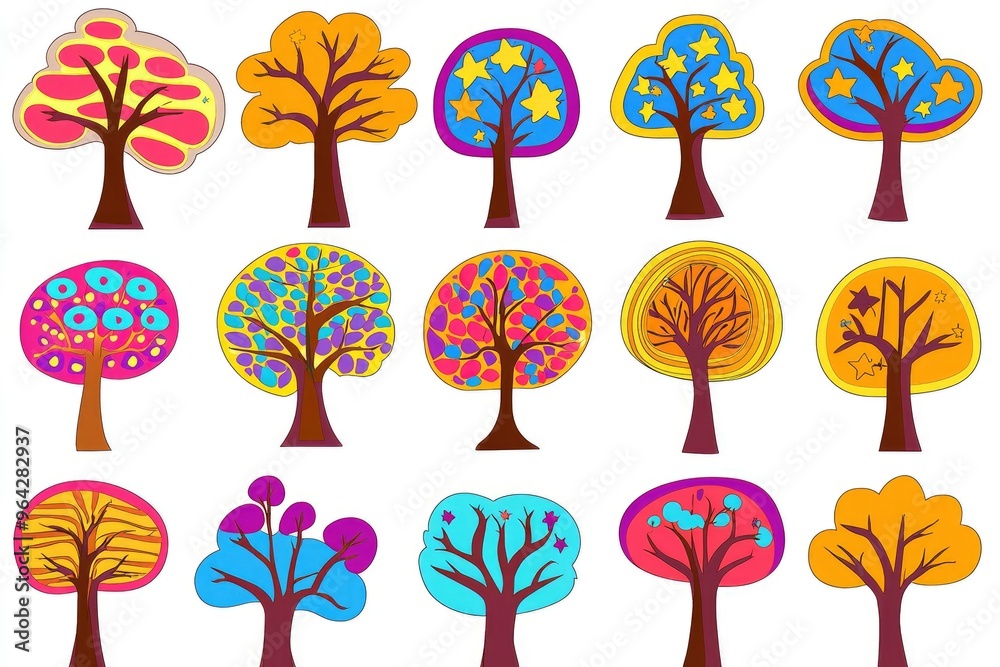 Sticker Colorful Cartoon Trees Set