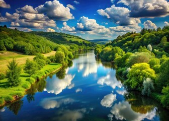 Fototapeta premium Serene Eger River flows gently through lush green forests and rolling hills, reflecting the vibrant blue sky with a few fluffy white clouds.