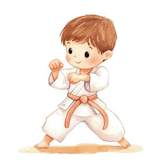 cute kid playing karate watercolor clipart