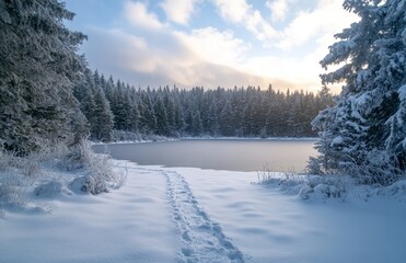 Snow blankets the ground around a serene lake, framed by tall evergreen trees under a cloudy evening sky