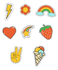 Y2k style stickers. Teen trendy doodles set retro style. Vector stickers of heart, icecream, rainbow flower. Pop Art Graphic Elements.