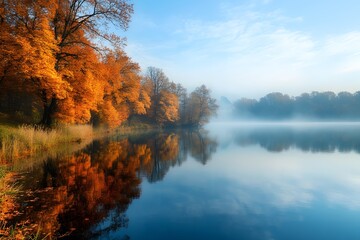 Fototapeta premium Autumn lake landscape with fog and reflections in serene morning light. Generative AI