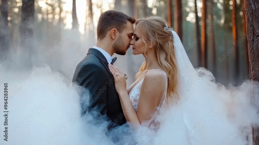 Poster A bride and groom are kissing in the woods with smoke, AI