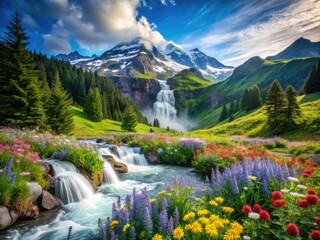Serene landscape featuring a majestic mountain range, lush green forests, sparkling waterfall, and vibrant wildflowers, evoking a sense of harmony and balance in nature.