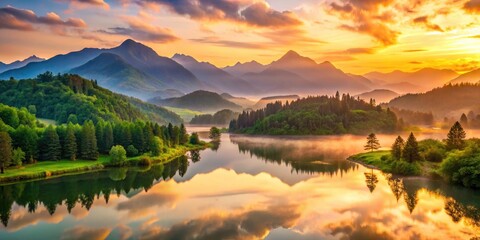 Naklejka premium Serene landscape featuring a misty mountain range with lush green forests, rolling hills, and a tranquil lake reflecting the soft, warm colors of a sunset sky.