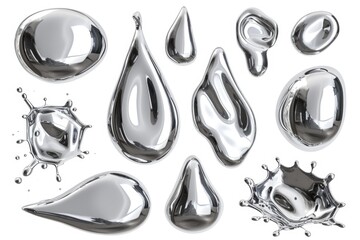 Various shapes of reflective silver liquid droplets and blobs
