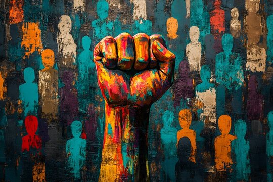 The artwork features a boldly painted fist rising in solidarity, contrasting against a background filled with diverse colorful silhouettes, symbolizing collective strength and empowerment.