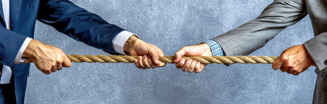 Two businessmen pulling on a rope in a tug of war competition. This image could symbolize business competition, rivalry, or conflict.