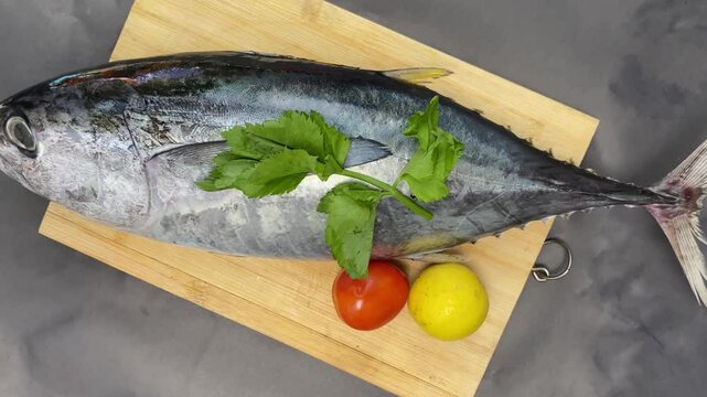 Close-up shot of fresh tuna on a cutting board with fresh tomato and lemon.
