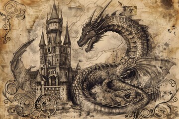 Obraz premium A detailed illustration of a dragon entwined around a majestic castle, evoking a sense of mystery and fantasy.