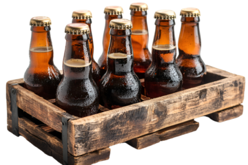 a group of brown bottles in a wooden crate. 