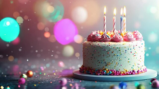 A cake with   adorned with colorful candles and colorful sprinkles, set against a pastel pink background. Perfect for birthday celebrations, party invitations