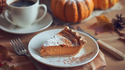 Delicious pumpkin pie slice and coffee on autumn table perfect fall dessert and beverage