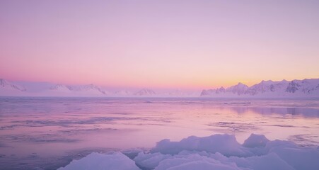 Fototapeta premium The sky transitions to twilight hues reflecting on tranquil icy waters amidst mountain ranges in a remote Arctic area