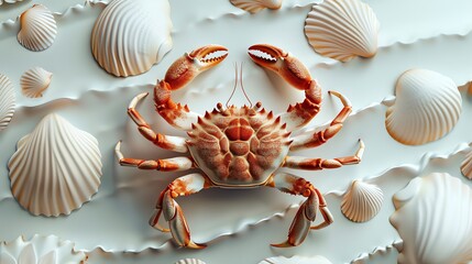 Obraz premium A red crab surrounded by white seashells on a white background.