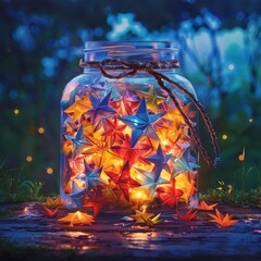 A glowing jar filled with colorful origami stars, illuminated in a serene outdoor setting, creating a magical ambiance.