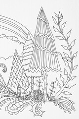  Arrière plan noir et blanc avec motif floral paysage arbre nature pour colorier