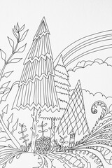  Arrière plan noir et blanc avec motif floral paysage arbre nature pour colorier