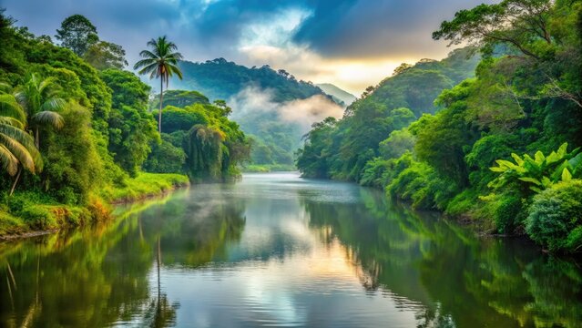 Serene Macal River meanders through lush green vegetation, with misty morning fog rising from tranquil waters, surrounded by dense tropical rainforest in Belize.