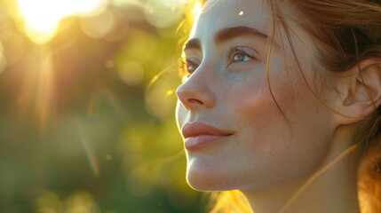 Fototapeta premium Peaceful woman in sunlit nature with freckles and natural beauty