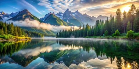 Serene misty morning landscape of majestic mountains, verdant valleys, and tranquil lake reflections, showcasing the awe-inspiring beauty of the natural world in stunning high-resolution detail.